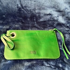 SOLD- Roots green leather make up bag